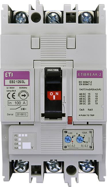 ETI Автоматичний вимикач EB2 125/3L 100A (25kA, (0.63-1)In/(6-12)In) 3P 004671025